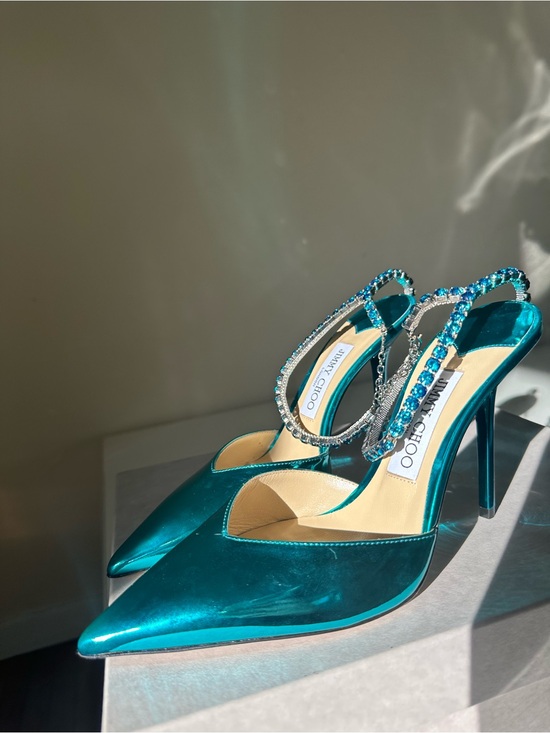 Jimmy Choo Shoes - Jimmy Choo Saeda 100
Turquoise Pumps with Crystal Embellishment